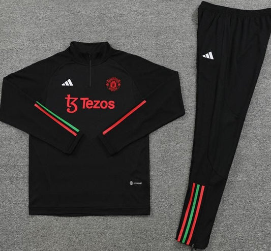 Manchester United FC Black, Red & Green Stripes Full Set Quarter Zipper Tracksuit w/ Sponsor (DRI-FIT ADV)