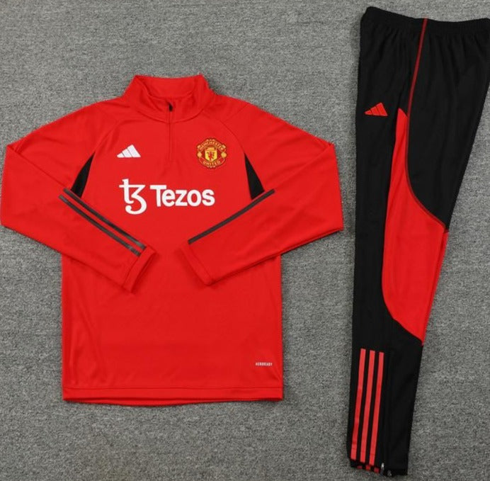 Manchester United FC [Full Set] Red, Black Stripes w/ Sponsor Quarter Zipper Jacket + Pants (DRI-FIT ADV)