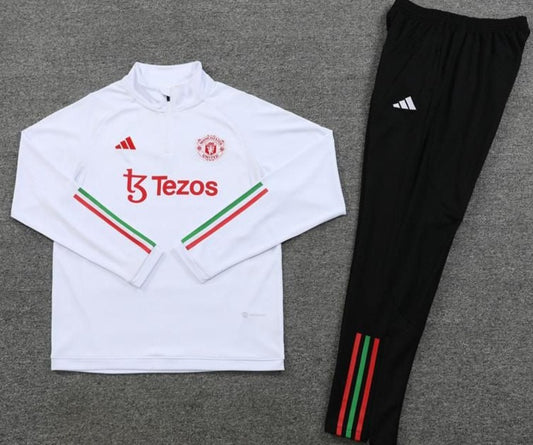 Manchester United FC White, Green - Red Stripes w/ Sponsor Quarter Zipper Tracksuit (DRI-FIT ADV)