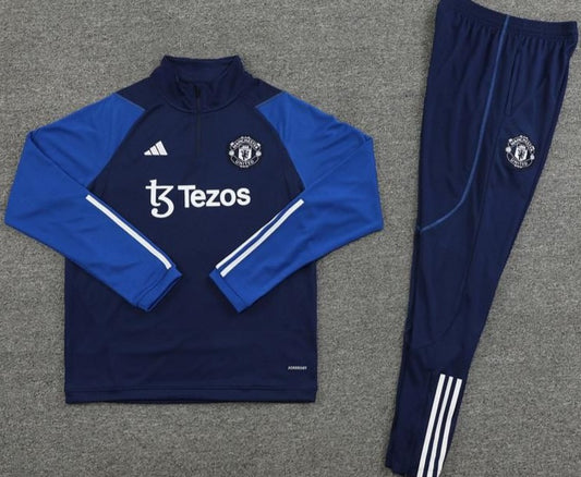 Manchester United FC Navy Blue, White Full Set Quarter Zipper Tracksuit w/ Sponsor (DRI-FIT ADV)