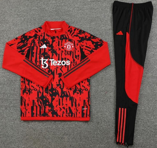 Manchester United FC [Full Set] Red, Black Abstract w/ Sponsor Quarter Zipper Jacket + Pants (DRI-FIT ADV)