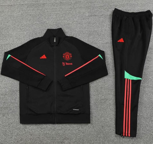 Manchester United FC Black, Green - Red Stripes w/ Sponsor Zipper Tracksuit (DRI-FIT ADV)