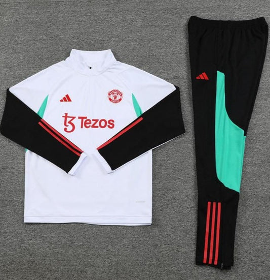 Manchester United FC White, Aquamarine Quarter Zipper, Red Stripes w/ Black Pants Tracksuit (DRI-FIT ADV)