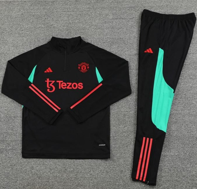 Manchester United FC Black, Green - Red Stripes w/ Sponsor Quarter Zipper Tracksuit (DRI-FIT ADV)