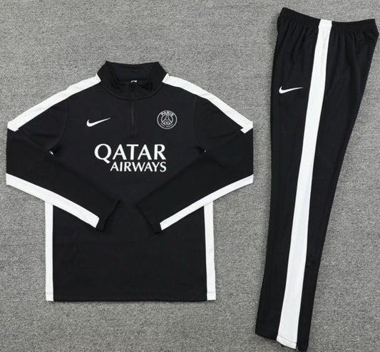 Paris St. Germain Full Set Black, White Seams w/ Sponsor - Quarter Zipper Tracksuit (DRI-FIT ADV)