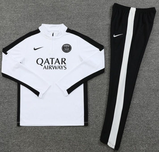 Paris St. Germain Full Set White, Black Seams w/ Sponsor - Quarter Zipper Tracksuit (DRI-FIT ADV)