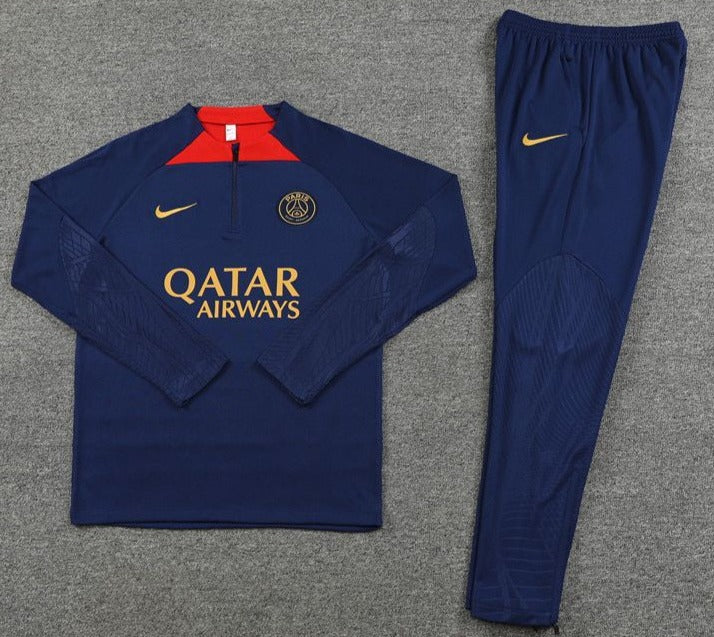 Paris St. Germain Navy Blue, Gold Accent w/ Sponsor - Quarter Zipper Tracksuit (DRI-FIT ADV)