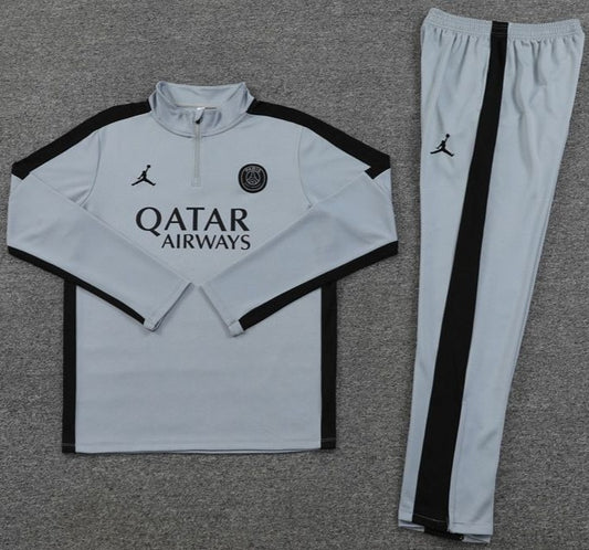 Paris St. Germain Full Set Grey, Black Seams w/ Sponsor - Quarter Zipper Tracksuit (DRI-FIT ADV)