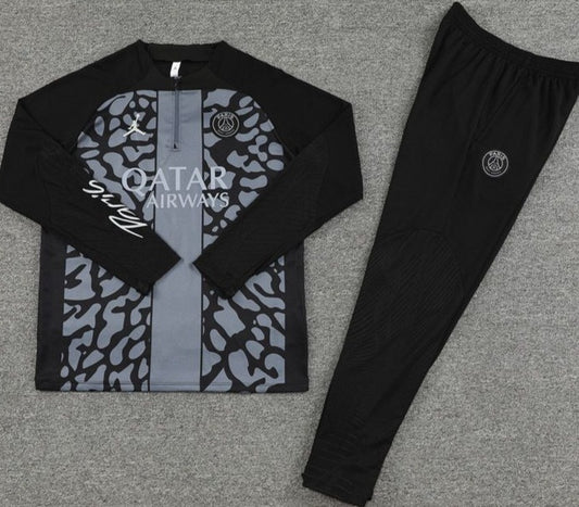 Paris St. Germain Silver Quarter Zipper Leopard Print, w/ Black Pants Tracksuit (DRI-FIT ADV)