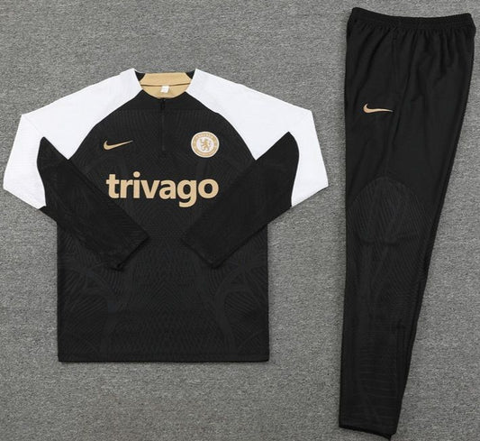 Chelsea FC White, Gold Accent, Black Pants Full-Set Quarter Zipper Tracksuit (DRI-FIT ADV)