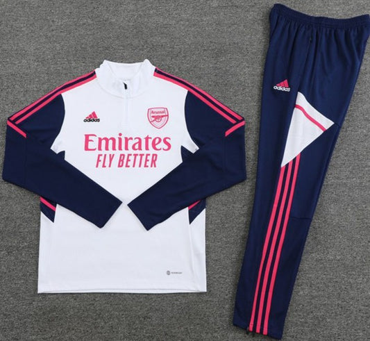 Arsenal FC White, Pink Stripes w/ Navy Pants Quarter Zipper Tracksuit (DRI-FIT ADV)