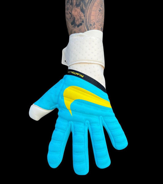 Nike Sky Blue, Yellow Leather-Retro Remake (Studded) Breathable High Performance Pro-Level GK Gloves (Wrist)