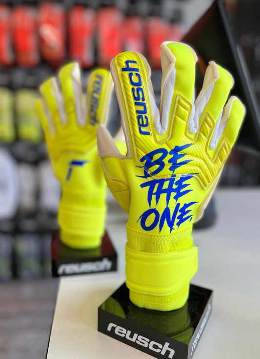 Reusch Canary Yellow, Blue Accent Leather Breathable High Performance Pro-Level GK Gloves (Mid-Arm)