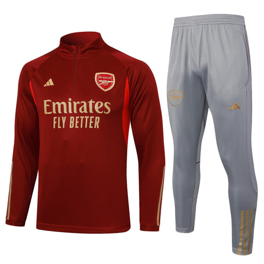 Arsenal FC Red, Gold Accent w/ Gray Pants Quarter Zipper Tracksuit (DRI-FIT ADV)