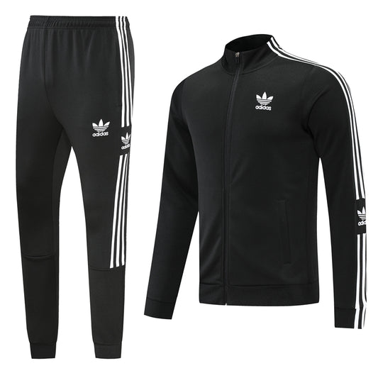 Solid Black w/ White Stripes, Black Pants Unisex Full-Set Tracksuit (DRI-FIT ADV)