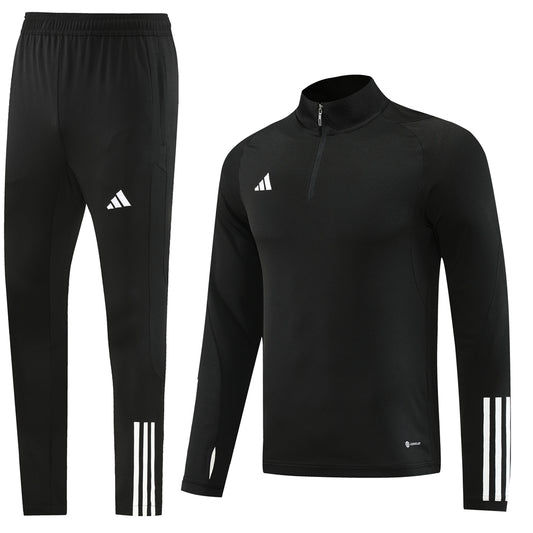 Triple Black [Solid] w/ White Stripes, Black Pants Plain Unisex Full-Set Tracksuit (DRI-FIT ADV)