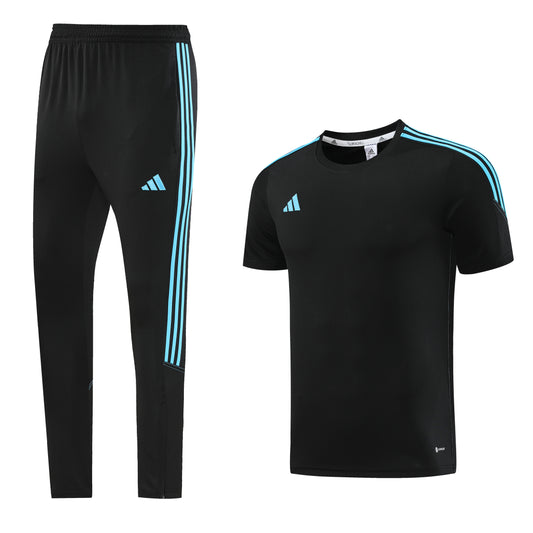 Black [Solid] Polo Shirt w/ Light Blue Stripes + Black Pants Full-Set Training Suit (DRI-FIT ADV)