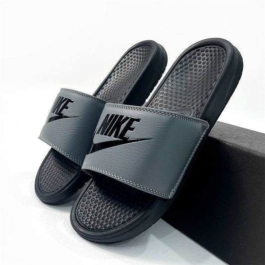 Gray Nike Black Base (Logo Branded) - Studded Cushion Slides (Easy-Step)