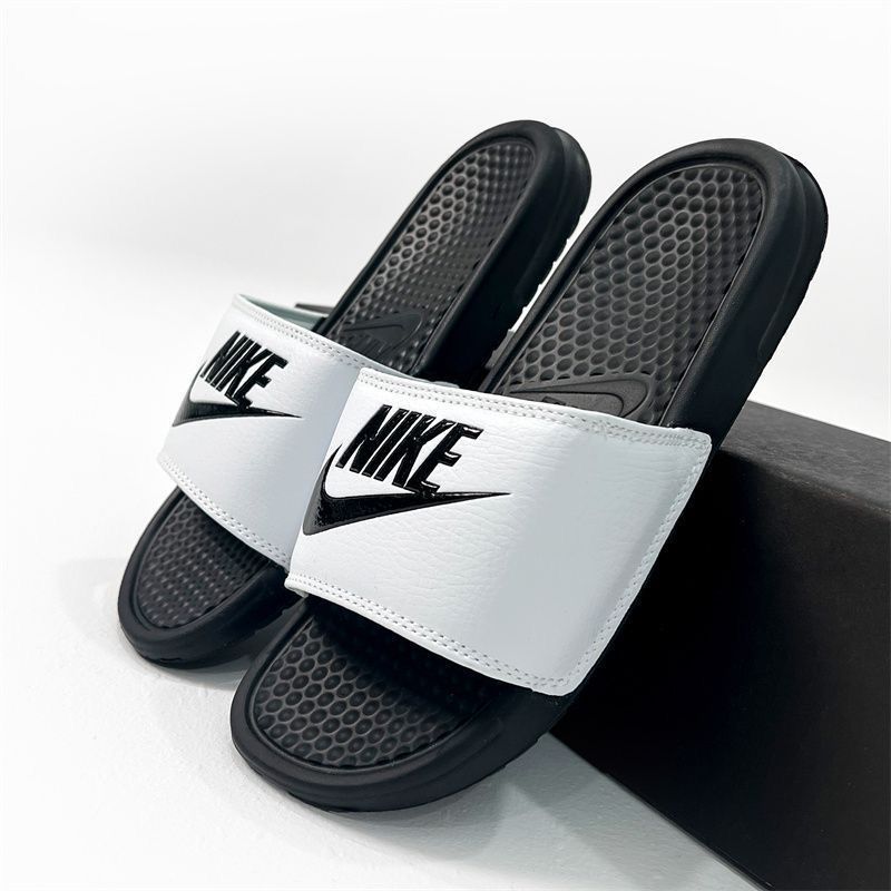 White Nike Black Base (Logo Branded) - Studded Cushion Slides (Easy-Step)