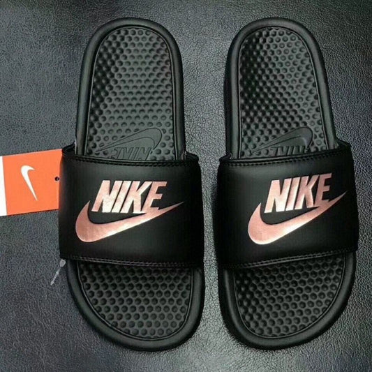 Peach Logo Branded Black Nike Black Base - Studded Cushion Slides (Easy-Step)